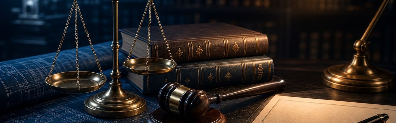 Scales of justice and legal books on a desk with engineering blueprints