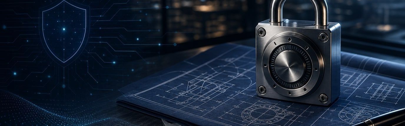 Padlock resting on engineering blueprint — privacy and data security