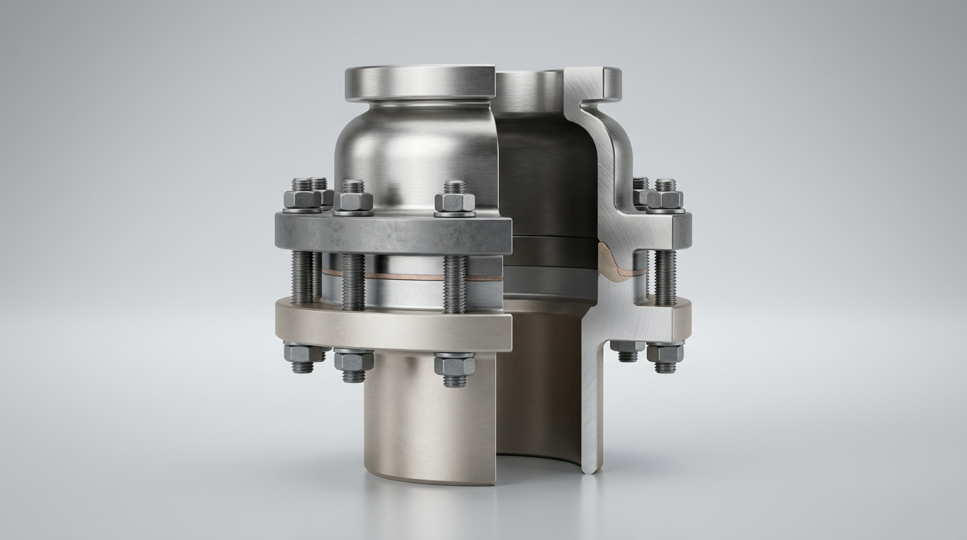 Bimetallic Transition Joint rendered with partial cutaway showing the stainless steel and aluminum bonded ring